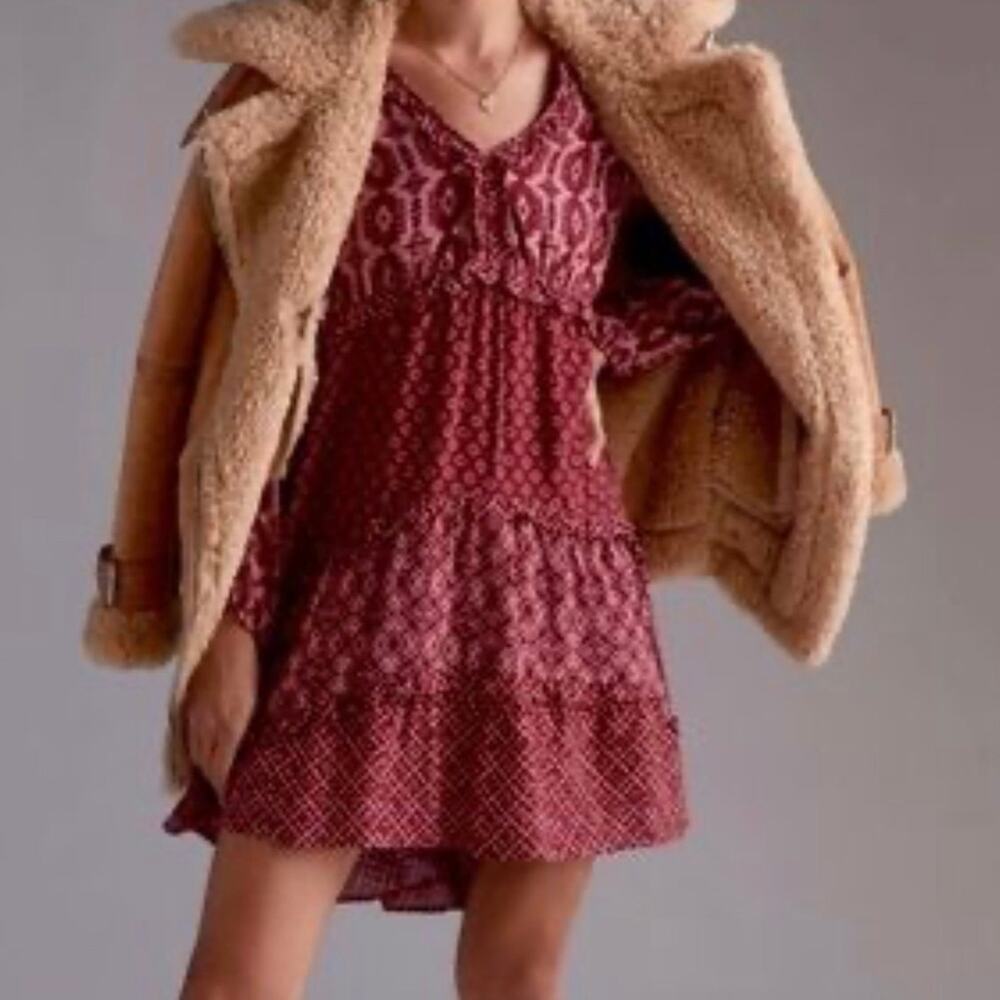 Anthropologie Maeve Tiered V-Neck Red Mixed Print Boho Prairie Mini Dress